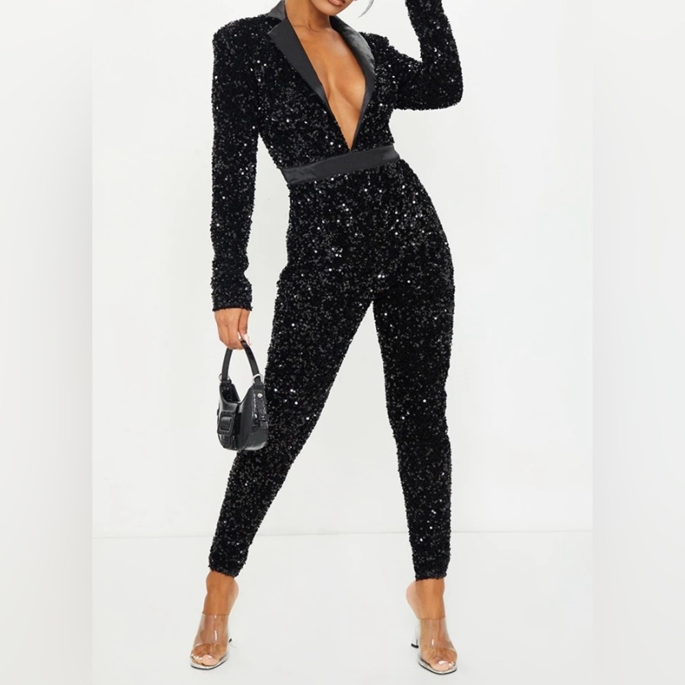 NWT PrettyLittleThing Black Sequin Plunge Front Tailored Jumpsuit US Size 6